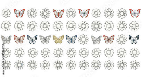 Pattern of white daisies and colorful butterflies arranged in neat rows across a white background with floral shapes and wings creating a decorative motif.