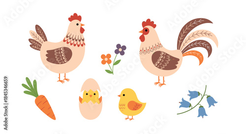 Two chickens and a hatchling chick stand near a hatching egg a bright carrot and colorful flowers in a sunny playful farm scene.