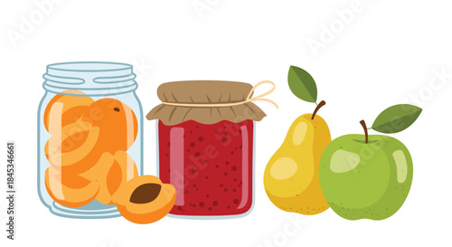 Fresh jars of fruit preserves and jam with sliced oranges apricot halves and whole pears and apples arranged on a clean white background.
