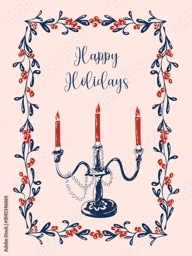 Whimsical vintage Christmas card with a candelabra in delicate coquette style andblue red colors. Hand drawn illustration for greeting cards, invitations, holiday design, posters