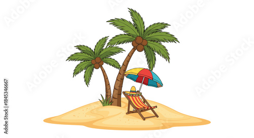 Sun drenched tropical island scene with two palm trees a striped lounge chair and a multicolored umbrella resting on golden sand under a bright sky.
