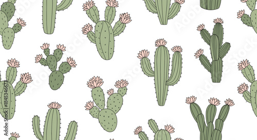 Seamless desert cactus pattern featuring varied green cacti with pink blossoms arranged for decorative use in textiles wallpaper and prints.