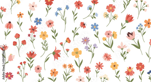 Lively watercolor floral pattern with a mix of small and large blossoms in warm and cool tones scattered across a clean white background for textile designs.