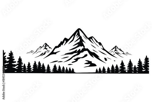 black and white mountain range wall art showcasing symbolic nature scenes, tree silhouettes, and scenic outdoor compositions, created in stencil art style as a detailed vector illustration for 