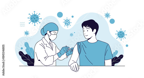 Healthcare worker wearing protective gear administers a vaccine to a patient in a calm clinical setting to promote immunization and public health.