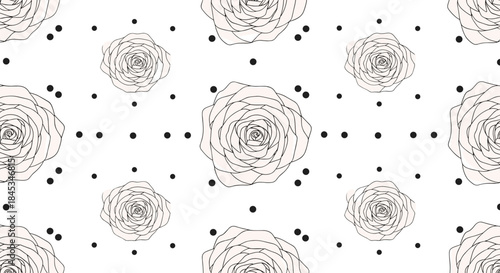Delicate hand drawn rose outlines dotted with scattered black specks form a seamless repeating floral pattern ideal for textiles and wallpaper designs.