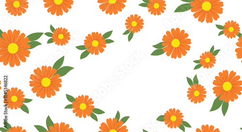 Bright orange flowers with yellow centers and green leaves scattered across a white background creating a cheerful floral pattern for textiles and wallpaper.