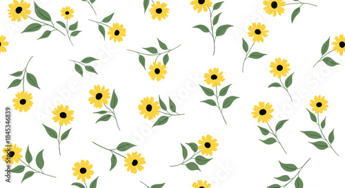 Sunflowers with lush green leaves are scattered across a clean white background forming a vivid cheerful botanical pattern suitable for textiles and wallpaper.