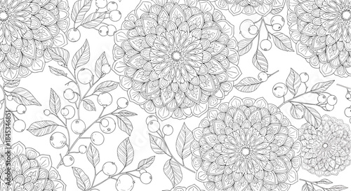 Intricate black and white floral lace pattern with large circular bouquet motifs connected by curling branches and delicate leaves for textile design.