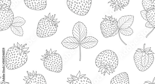 Pattern of strawberries and leaves in a seamless black and white line drawing used as a repeating botanical motif for textiles and wallpaper.