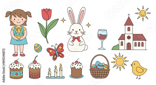 Celebrating spring with a cheerful scene featuring a girl holding a baby a pink tulip a bunny butterfly cakes a basket of eggs a church sun and a bird.