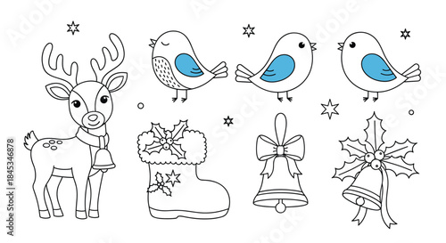 Festive winter scene shows a curious reindeer beside a Christmas stocking a small flock of blue winged birds and decorative bells and holly.