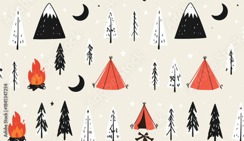 Charming Retro Camping Pattern with Tents, Campfires, and Moonlit Mountain Peaks
