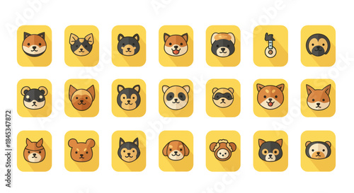 Collection of Cute Dog and Animal Face Icons on Yellow Background.