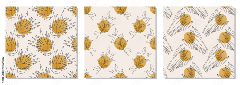 Obraz premium Set of trendy minimalist seamless botanical pattern with abstract creative line art hand drawn composition