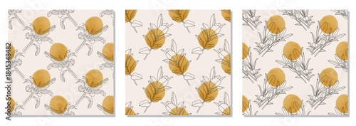 Set of trendy minimalist seamless botanical pattern with abstract creative line art hand drawn composition