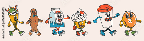 Groovy food and coffee characters in retro cartoon style with walking ice cream, gingerbread, milk box, cupcake, coffee cup and donut. Fun vintage illustration for stickers, packaging and branding