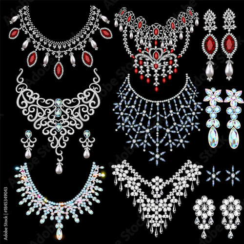 Illustration set of  jewelry necklace, earrings with precious stones