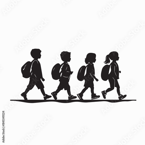 Children Walking Home from School Parade Silhouette Vector on White Background