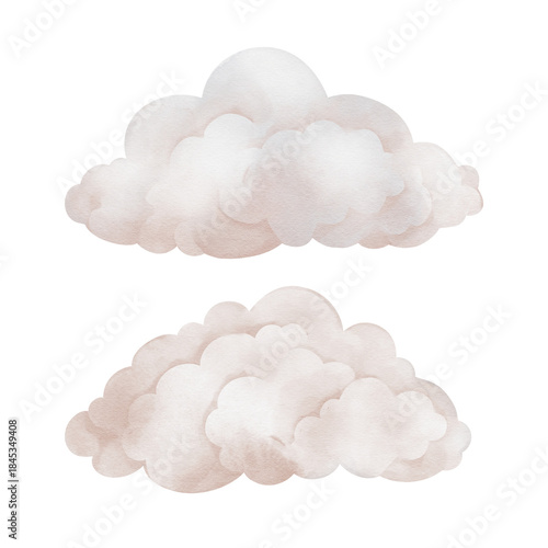 Hand drawn watercolor illustration of the light beige clouds for Baby shower invitations or nursery wall art. Drawing sky perfect for conveying a dreamy, mystical atmosphere for kids greeting cards.