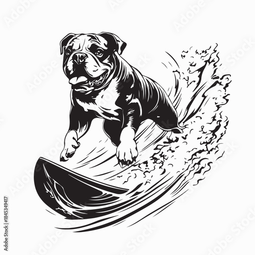 Bulldog Having Fun Surfing at the Beach Image Vector on White Background