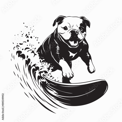 Happy Bulldog Surfing in Summer Ocean Vector Design on White Background