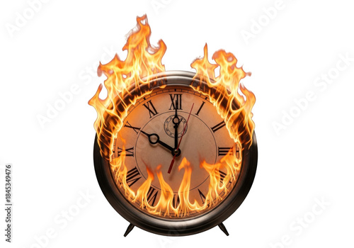 Vintage clock face engulfed in flames isolated on transparent background
