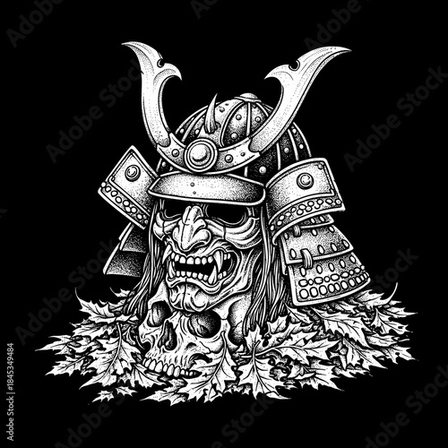 Detailed Samurai Helmet and Skull Illustration with Autumn Leaves.