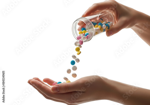 Hands pouring colorful pills from a clear container into an open palm isolated on transparent background