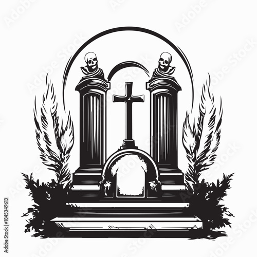 Cross Symbol on Tombstone Vector Illustration on White Background