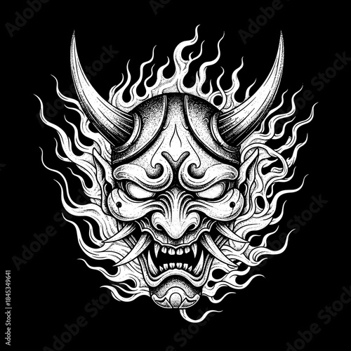 Detailed illustration of a fearsome Japanese Oni mask with fiery accents.
