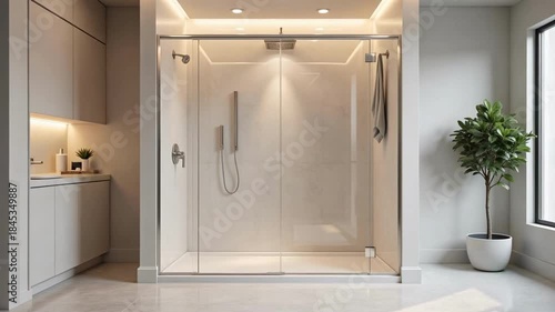 Modern luxury bathroom interior featuring a bright walk-in shower enclosure with sleek glass doors and contemporary vanity storage