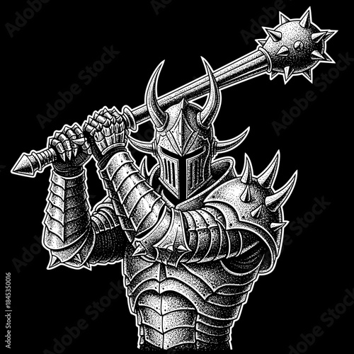 Dark Knight Warrior Holding Spiked Mace Ready for Battle.