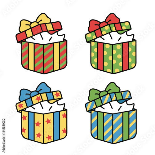Four colorful open gift boxes with bows and ribbons.