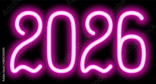 2026. Neon. Pink glowing number. New Year. Color vector illustration. Isolated on black background. Idea for web design, banner.