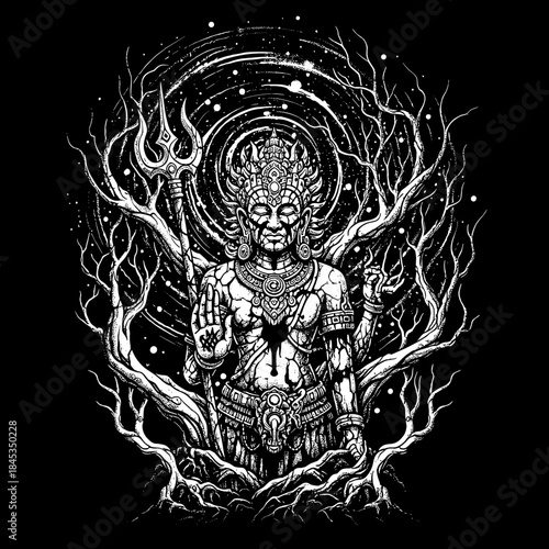 Intricate depiction of a powerful deity with multiple arms and ornate headdress.