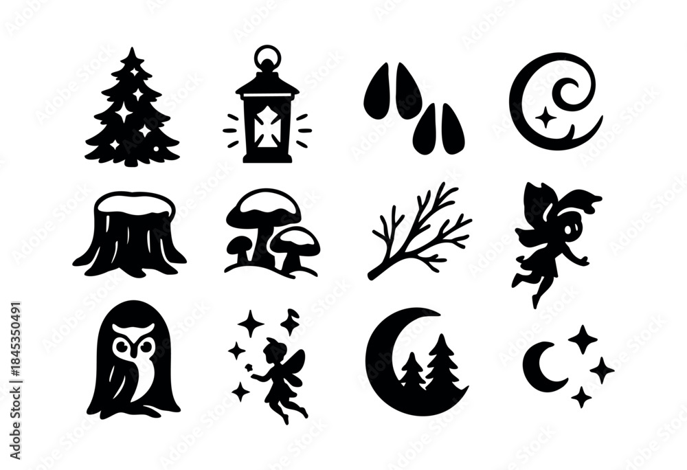 Fototapeta premium A versatile set of black silhouette icons depicting magical woodland elements such as fairies, owls, trees, moons, and mushrooms, perfect for enchanting designs. — stock vector.