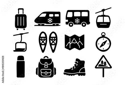 A collection of black silhouette icons representing winter travel, ski resort activities, and outdoor adventure essentials, perfect for web, mobile, and print applications — stock vector.