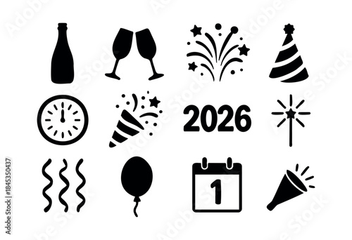 A collection of black silhouette vector icons representing New Year 2026 celebration elements, including fireworks, champagne, party items, and countdown symbols — stock vector.
