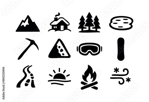 A collection of black silhouette icons representing various outdoor adventures, winter sports, and nature elements on a white background — stock vector.