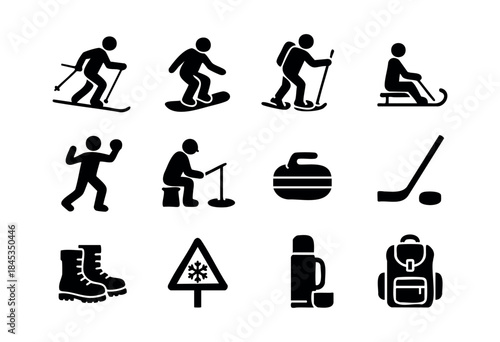 A comprehensive set of black silhouette icons depicting various winter sports, activities, and essential gear, isolated on a white background — stock vector.