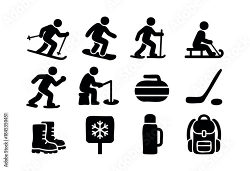 A collection of black silhouette icons depicting various winter sports, outdoor activities, and essential gear, isolated on a white background — stock vector.