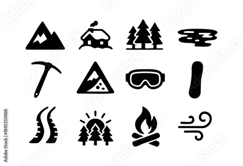 A collection of minimalist black vector icons representing outdoor adventure, winter sports, nature elements, and camping activities on a white background — stock vector.