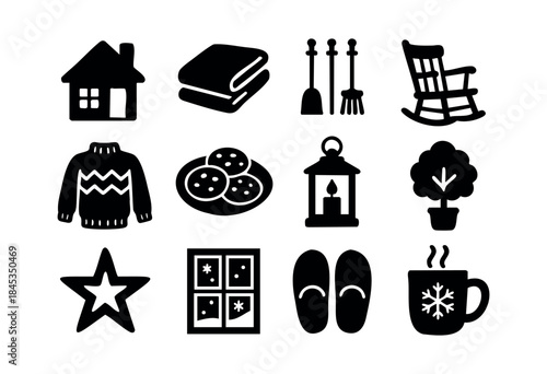 A collection of black silhouette vector icons representing cozy domestic items and elements of comfort, warmth, and winter lifestyle, perfect for hygge-themed designs — stock vector.