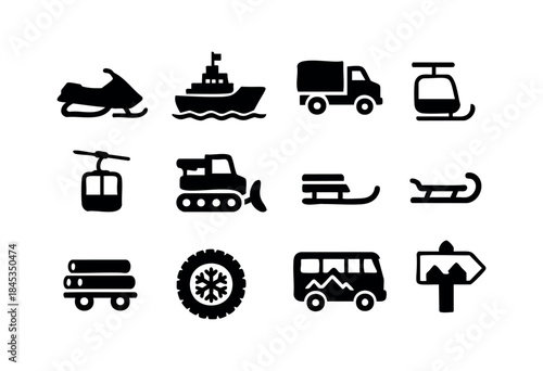 A comprehensive collection of black silhouette icons representing various modes of transport, winter sports equipment, and outdoor adventure elements — stock vector.