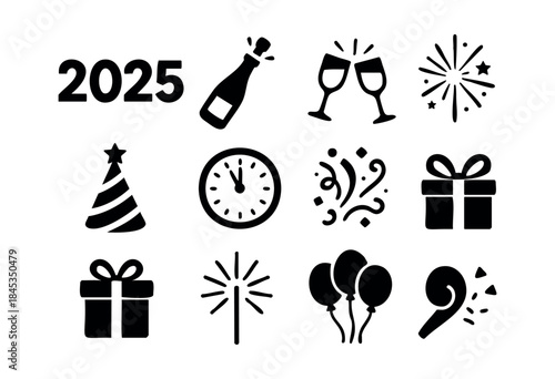 A collection of black silhouette icons for New Year 2025 celebrations, featuring champagne, fireworks, party hats, and gifts, on a white background — stock vector.