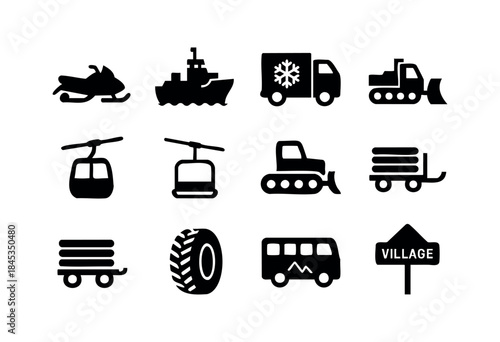 A collection of black silhouette icons representing various transportation modes, winter sports equipment, heavy machinery, cargo, and a village sign, ideal for design projects — stock vector.