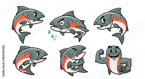 Set of Six Cartoon Rainbow Trout Fish Characters with Different Emotions and Poses.