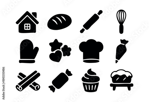 A collection of black silhouette icons representing various baking tools, ingredients, and sweet delights on a white background — stock vector.
