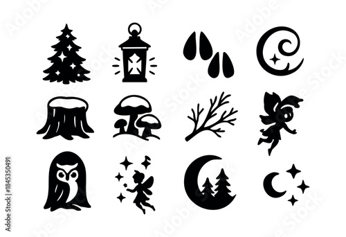 A versatile set of black silhouette icons depicting magical woodland elements such as fairies, owls, trees, moons, and mushrooms, perfect for enchanting designs. — stock vector.